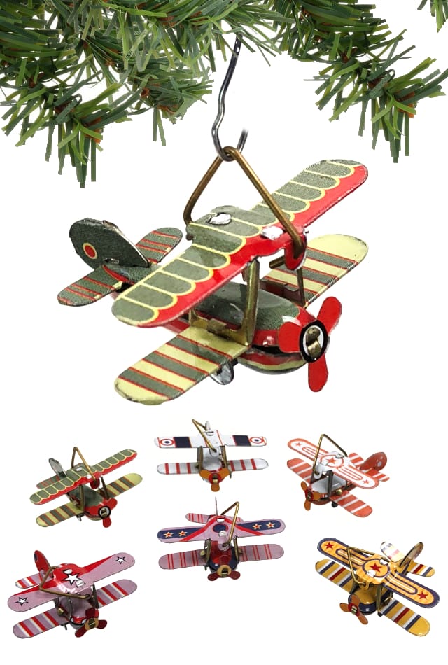 Mini Biplanes : Christmas Ornaments Tin Toys: Set of 6