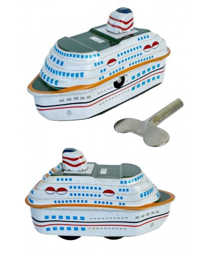 Cruise Ship Tin Toy : Windup Metal : Colorful Modern Mini Boat