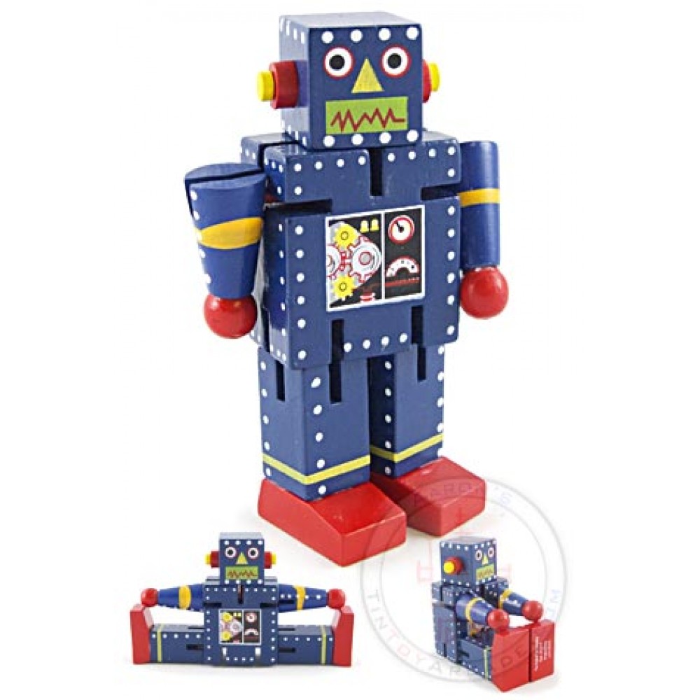 Boris Blue Robot Junior X-7 : Wooden Robot : Wood Posable Puppet Mini