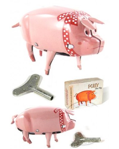 Polly the Pig Red Ribbon Walks Tin Toy