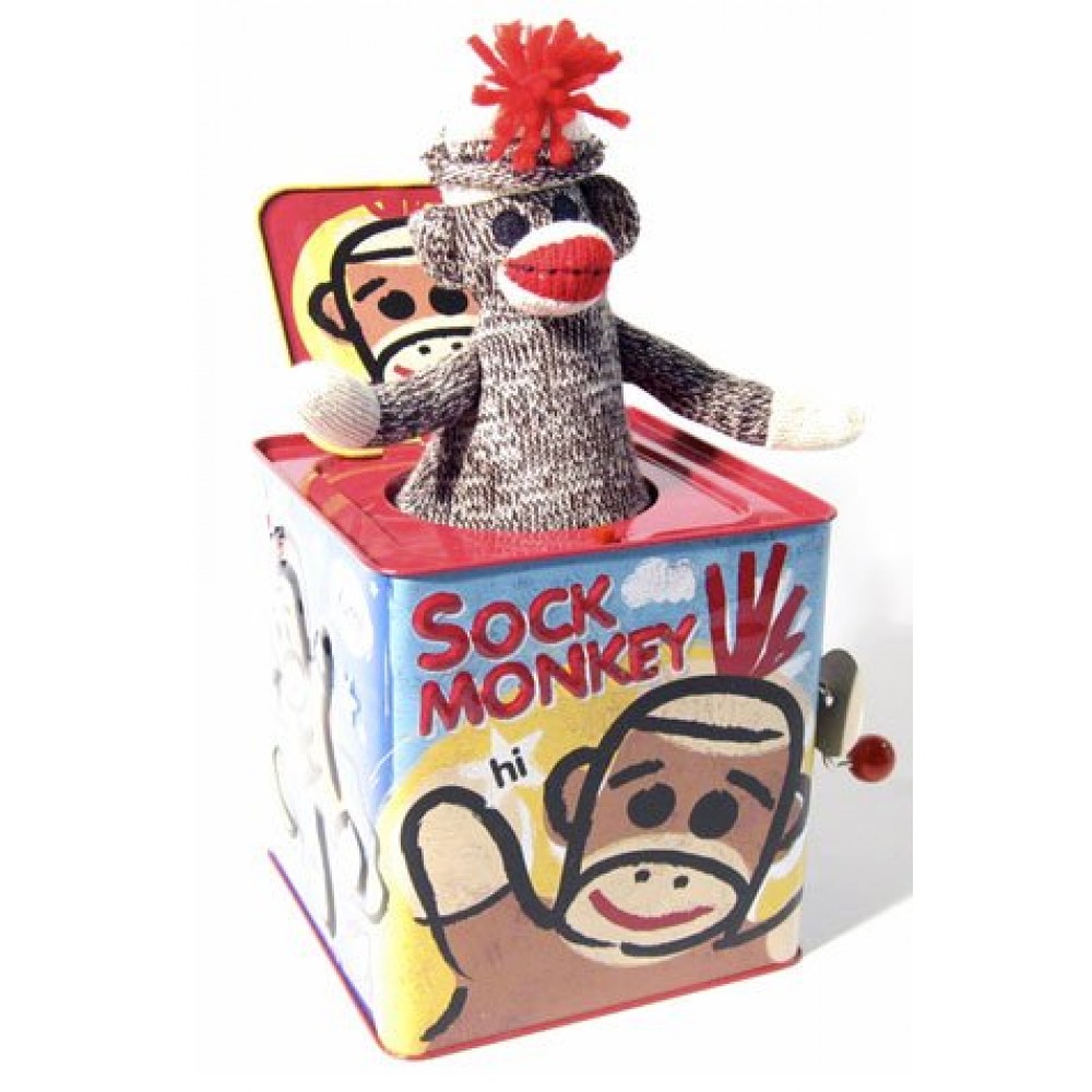 Sock Monkey Jack in the Box: Tin Toy Wind Up