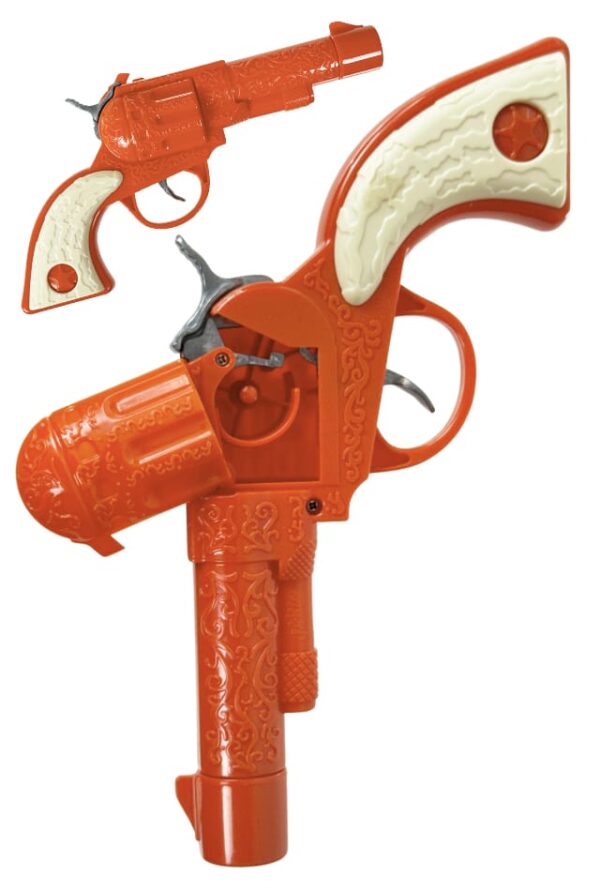 Arcade Revolver Outlaw Revolver Cap Gun : Orange Plastic : Paper Roll Caps - Tin Toy Arcade