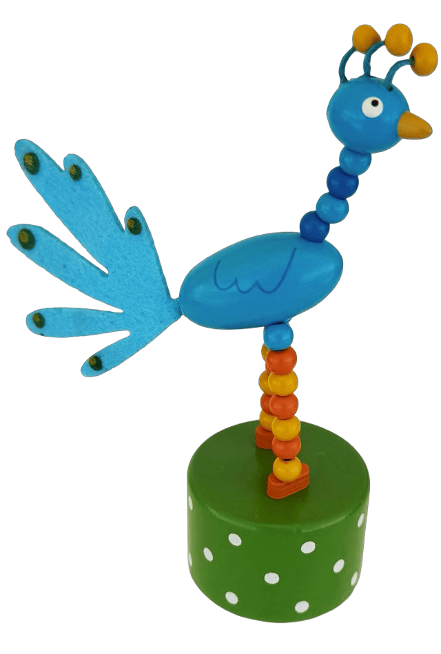 Blue Peacock Wooden Thumb Push Puppet Toy
