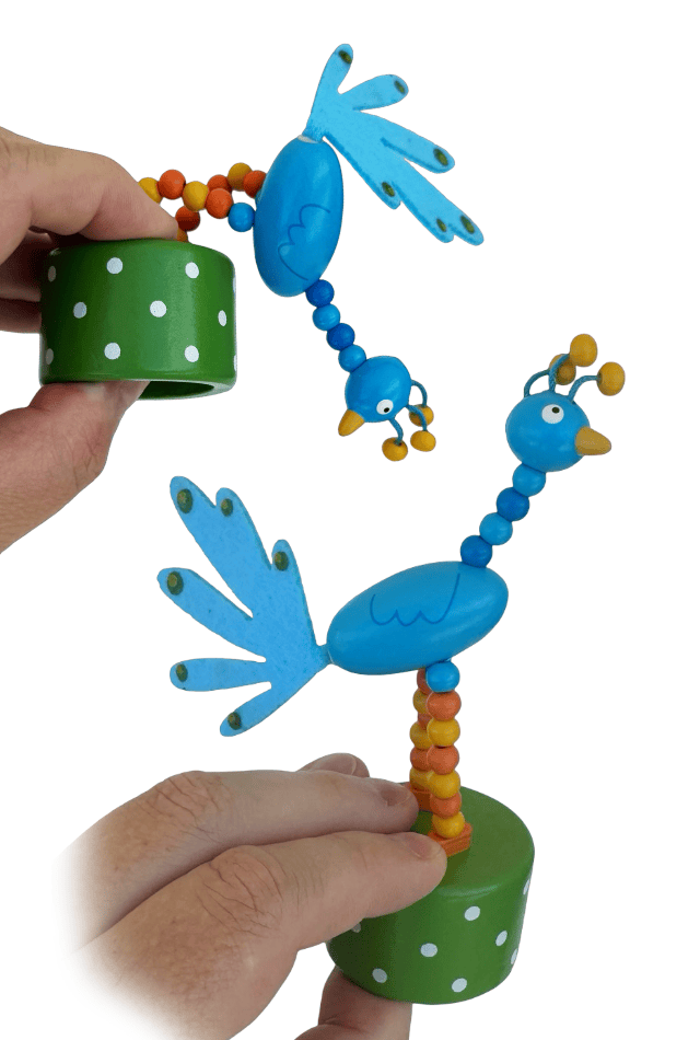 Blue Peacock Wooden Thumb Push Puppet Toy